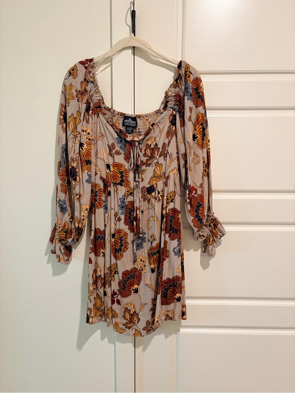 Angie Taupe Floral Dress with Rust, Mustard & Blue Floral Print Sz M EUC